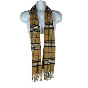 Preston & York Mens Vintage  Plaid Scarf Tan Black Red Fringe 100% Acrylic